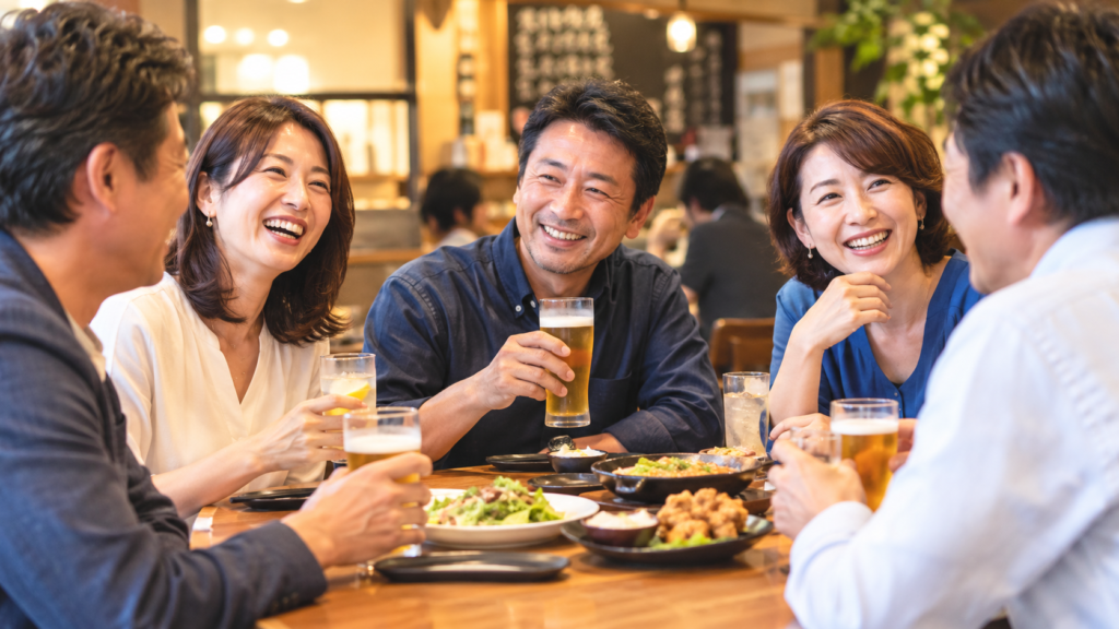 大人の男女が食事を楽しみながら交流するイメージ